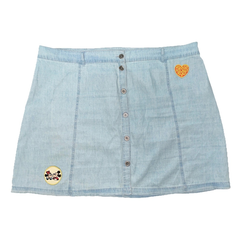 Disney Denim Skirt Button Front Back Pockets Mickey Mouse Patches 2X